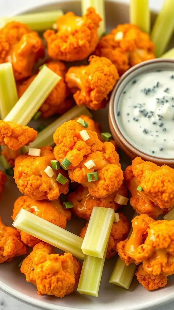 A bowl of buffalo cauliflower bites with celery sticks and dipping sauce