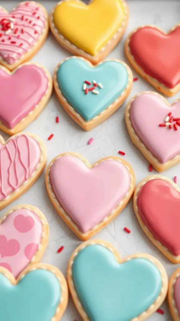 Colorful heart-shaped cookies decorated with royal icing and sprinkles