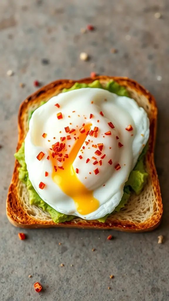 Avocado toast topped with a poached egg and red pepper flakes on a rustic surface.
