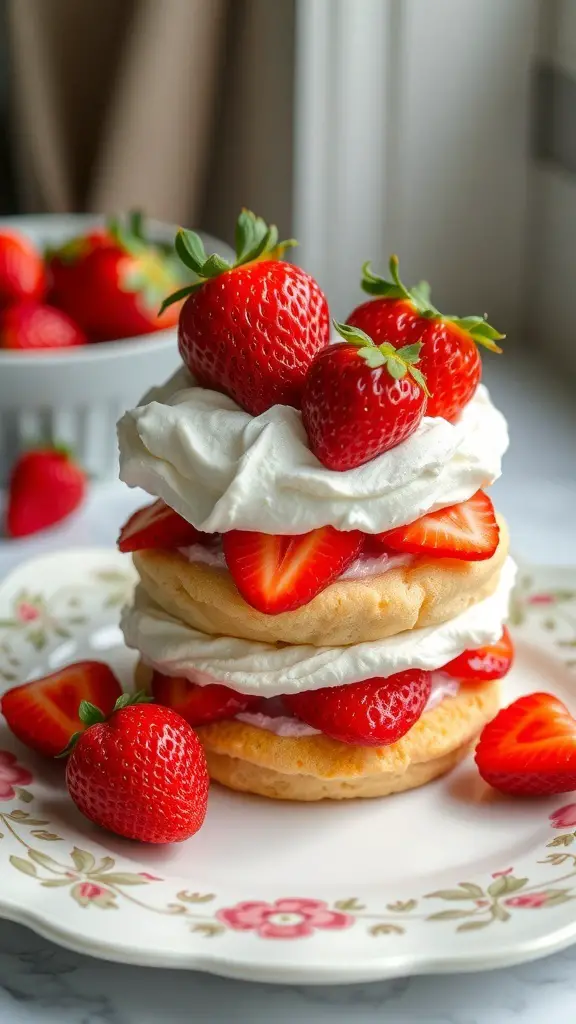 A delicious strawberry shortcake topped with fresh strawberries and whipped cream on a floral plate.