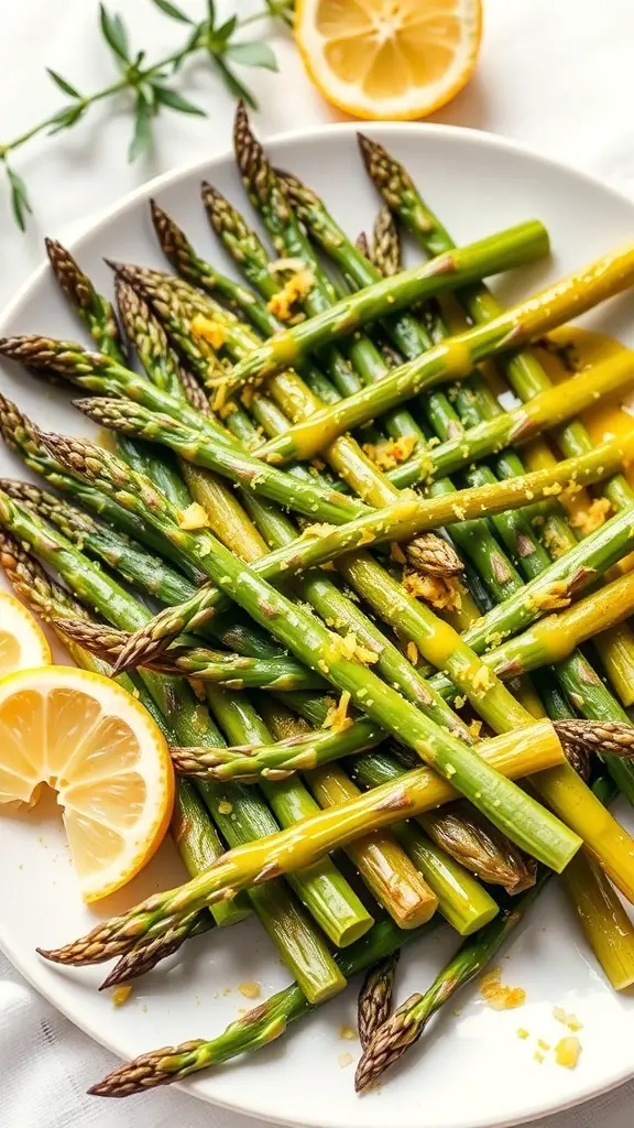 A plate of roasted asparagus garnished with lemon zest and lemon slices.