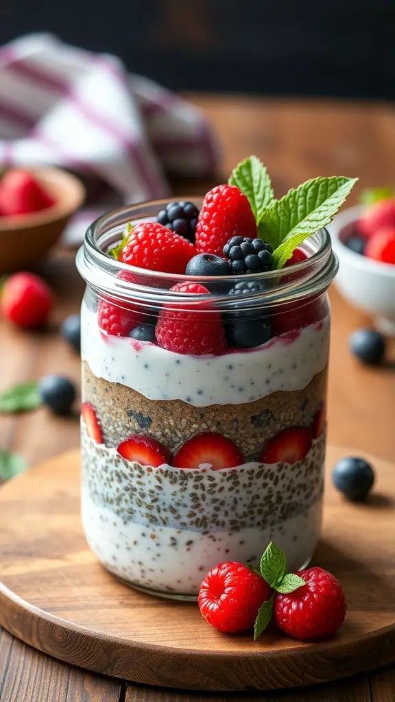 A jar of chia seed pudding layered with berries and mint leaves on a wooden surface.
