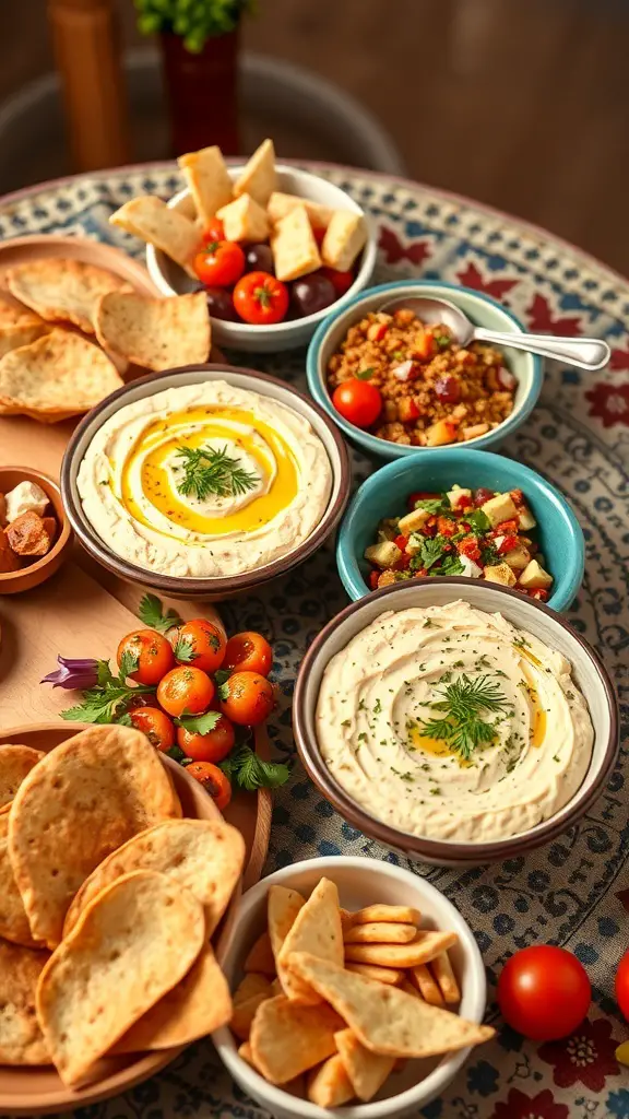 A colorful spread of Middle Eastern mezze including hummus, pita bread, fresh vegetables, and salads.
