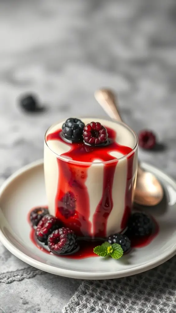 Vanilla Bean Panna Cotta topped with berry sauce and fresh berries