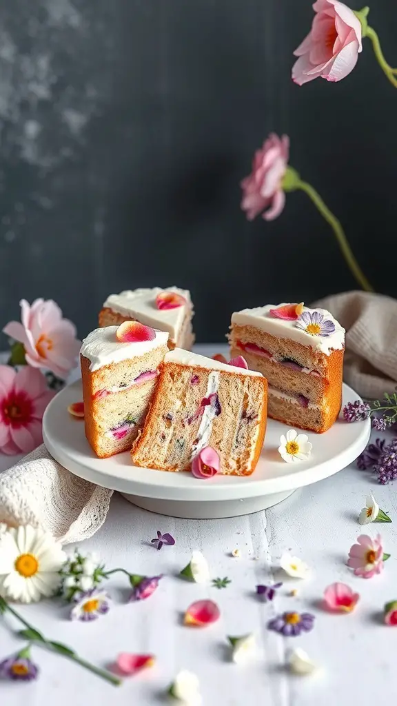 A beautifully decorated spring flower cake with layers and floral accents.