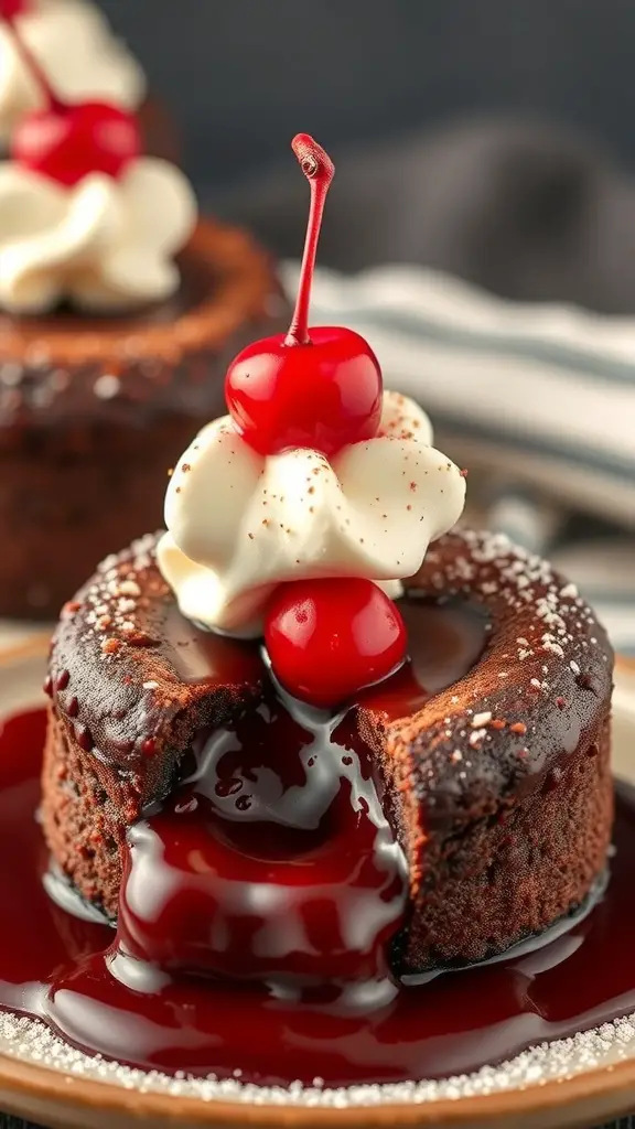 Chocolate lava cake with whipped cream and cherries on top