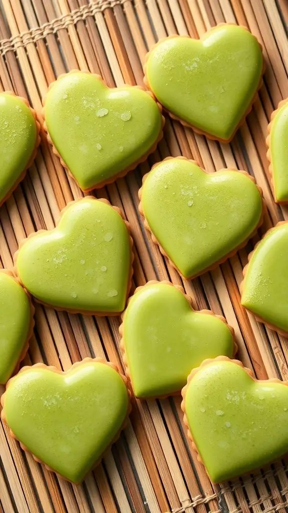 Heart-shaped matcha green tea cookies on a bamboo mat