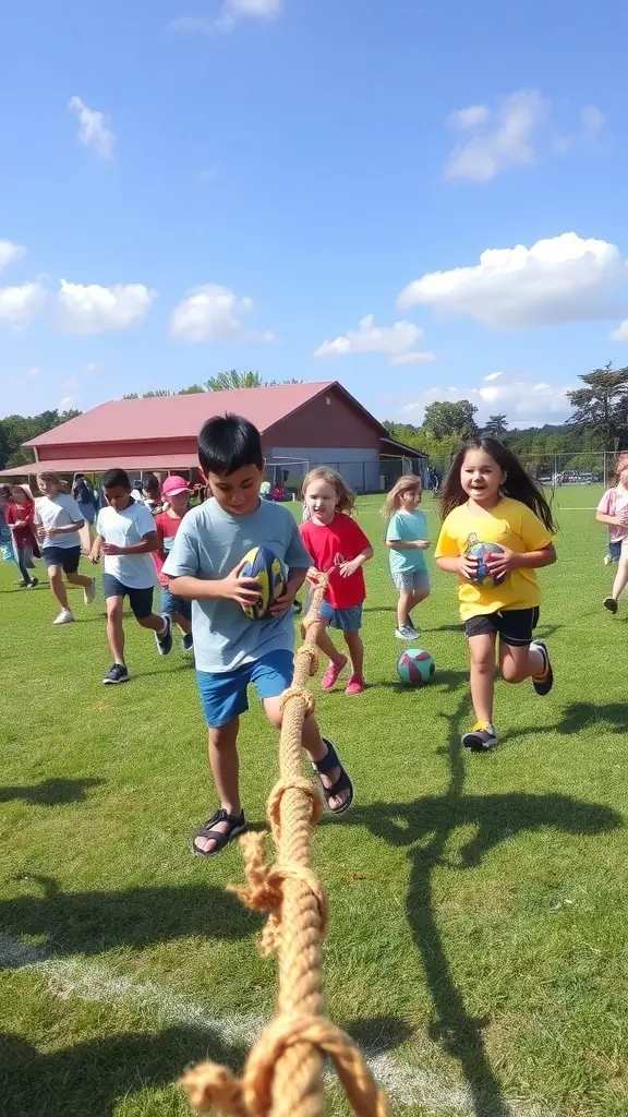 Kids participating in a sports day event, running and having fun.