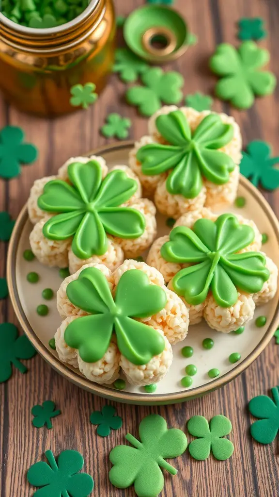 Clover-shaped Rice Krispie treats decorated with green icing, surrounded by green decorations.