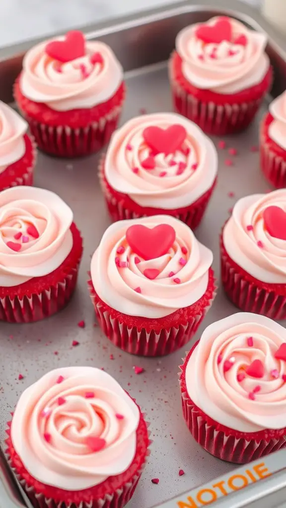 Pink velvet cupcakes with cream cheese frosting and heart-shaped sprinkles