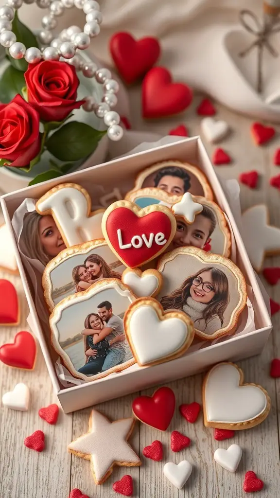 A box of customized photo cookies with heart shapes and personal images, surrounded by decorative hearts and roses.