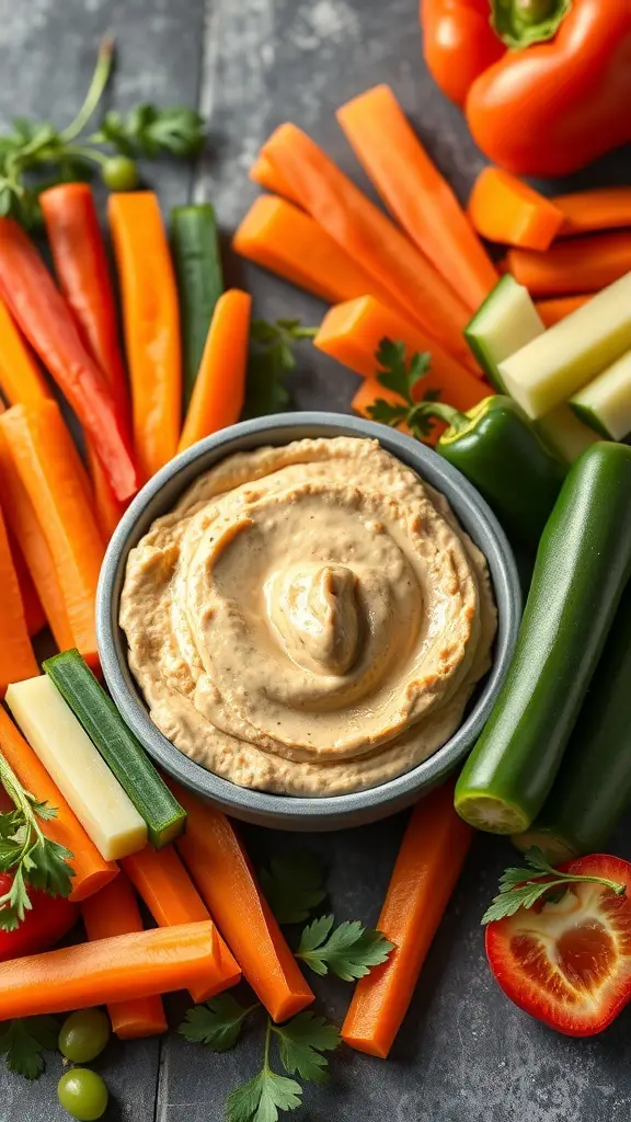 A bowl of hummus surrounded by colorful veggie sticks including carrots, bell peppers, and cucumbers.