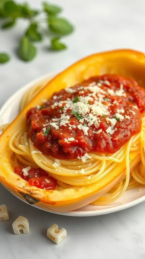 A half of spaghetti squash filled with marinara sauce and topped with cheese.