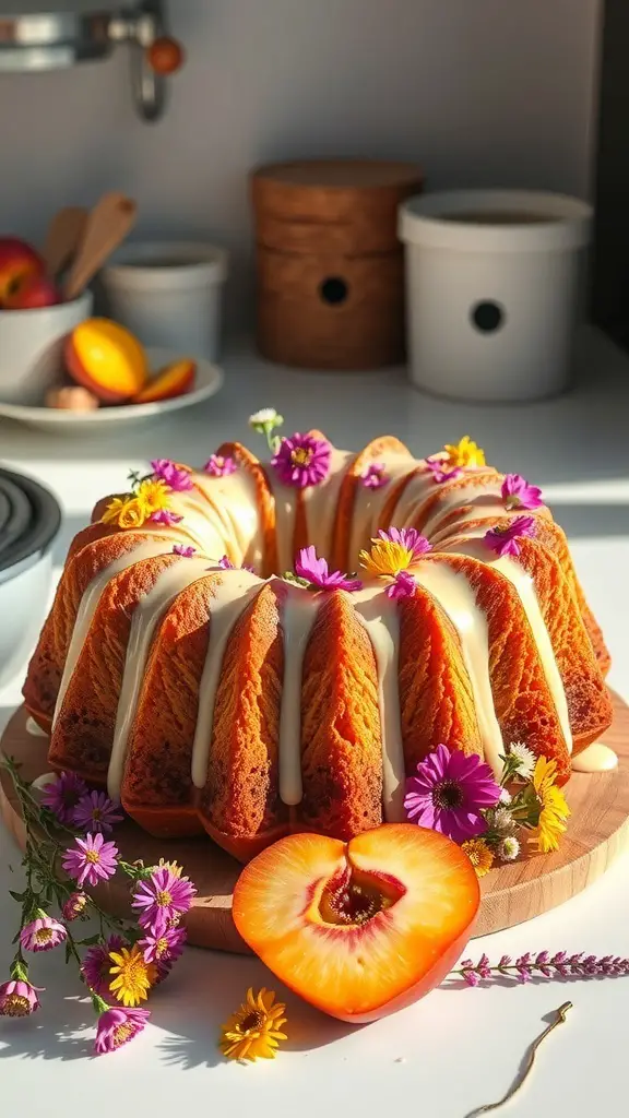 A peach and wildflower Bundt cake decorated with fresh flowers and a peach slice on a wooden board.