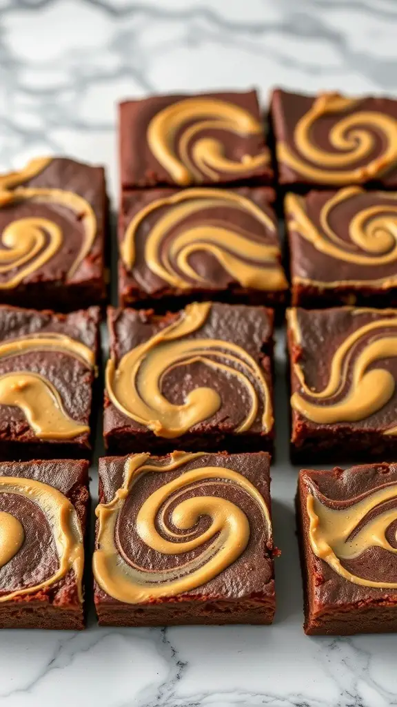 Delicious Peanut Butter Chocolate Swirl Brownies on a marble surface