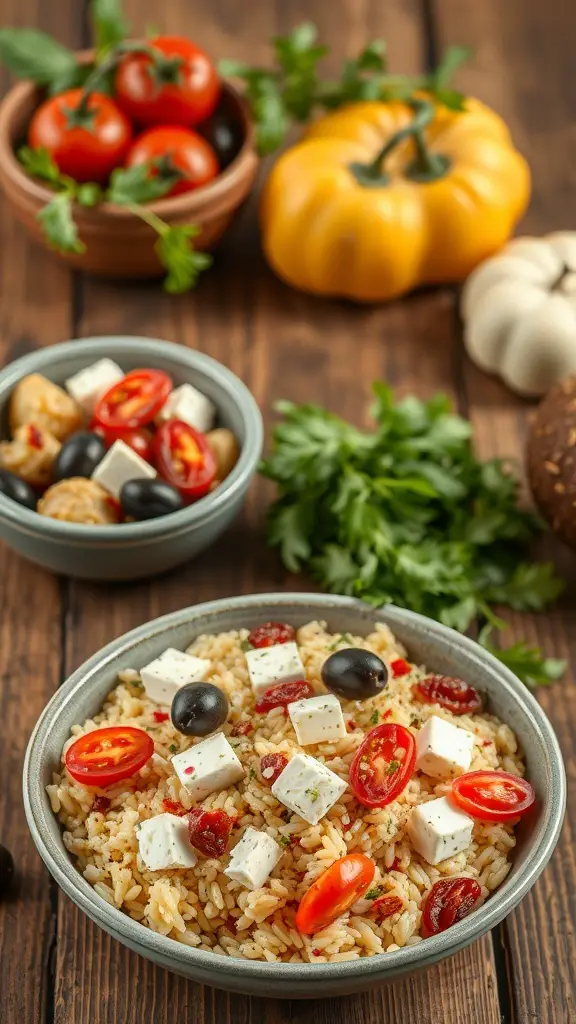 A bowl of Mediterranean Orzo Salad with Feta, featuring orzo pasta, cherry tomatoes, feta cheese, and olives.