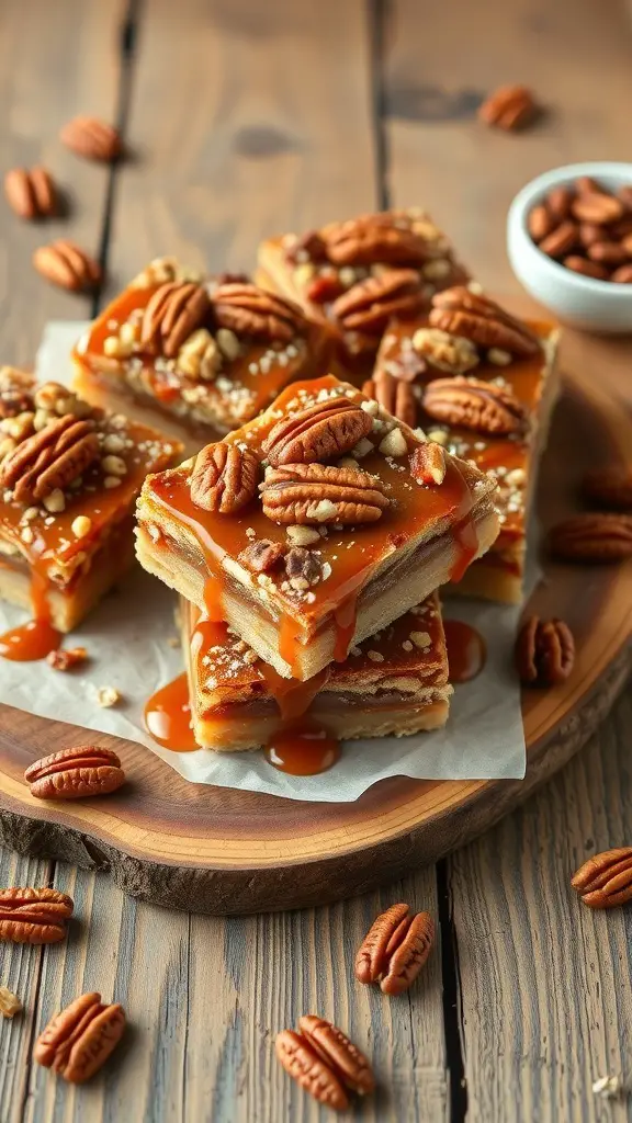 Caramel Pecan Pie Bars with pecans and caramel drizzle on a wooden platter.