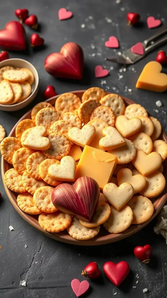 A plate of heart-shaped cheese and crackers, surrounded by small red heart decorations.