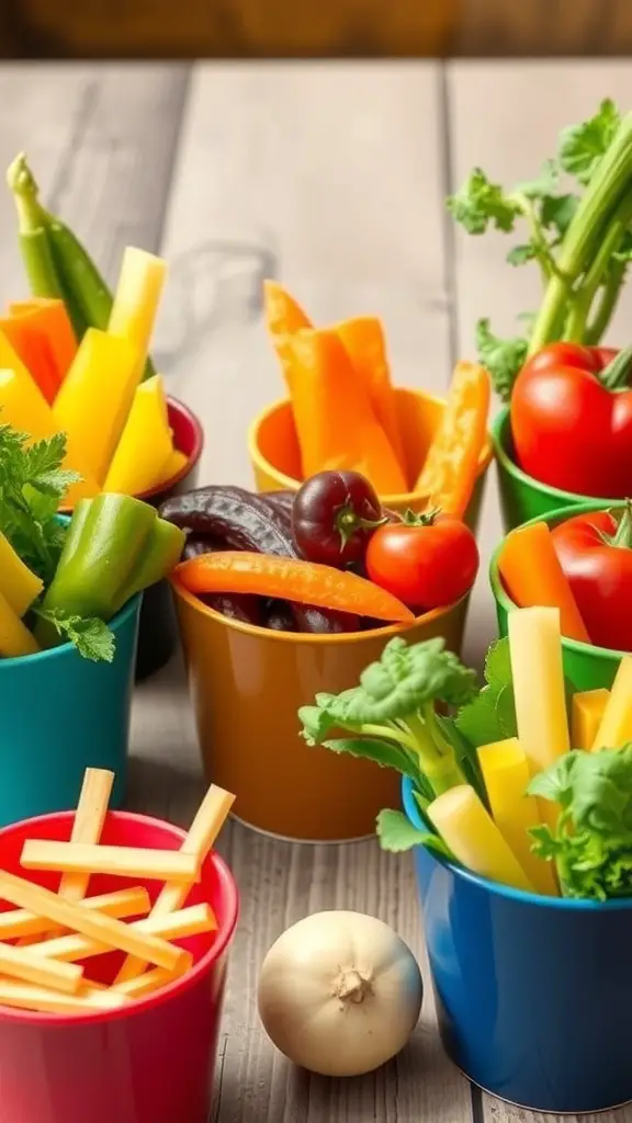 Colorful cups filled with various fresh vegetables for a kids' birthday party.