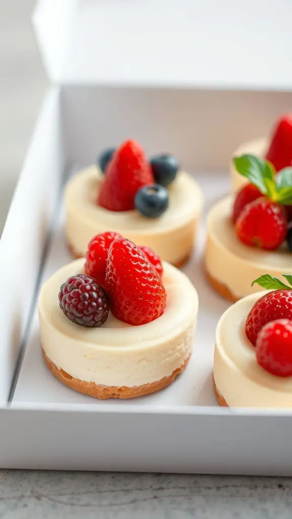 A box of mini cheesecakes topped with strawberries, blueberries, and blackberries.