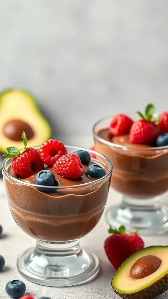 Chocolate avocado mousse topped with raspberries and blueberries in glass cups, with a halved avocado in the foreground.