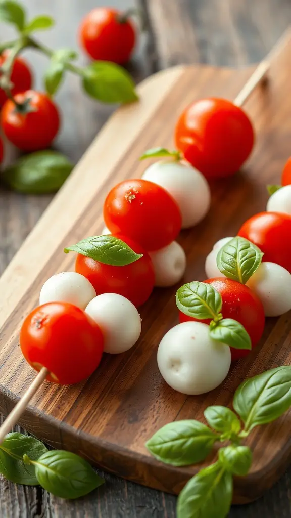 Mini Caprese skewers with cherry tomatoes, mozzarella, and basil on a wooden board