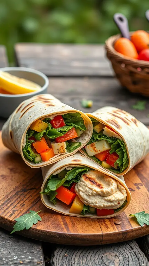 Three grilled vegetable and hummus wraps on a wooden cutting board