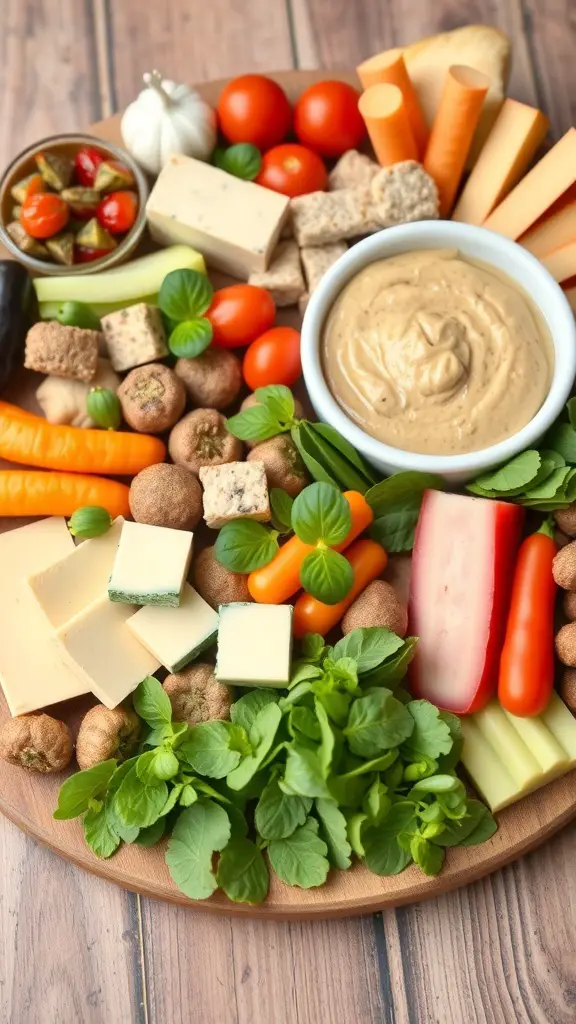 A vibrant vegan charcuterie board featuring fresh vegetables, vegan cheeses, and dips.