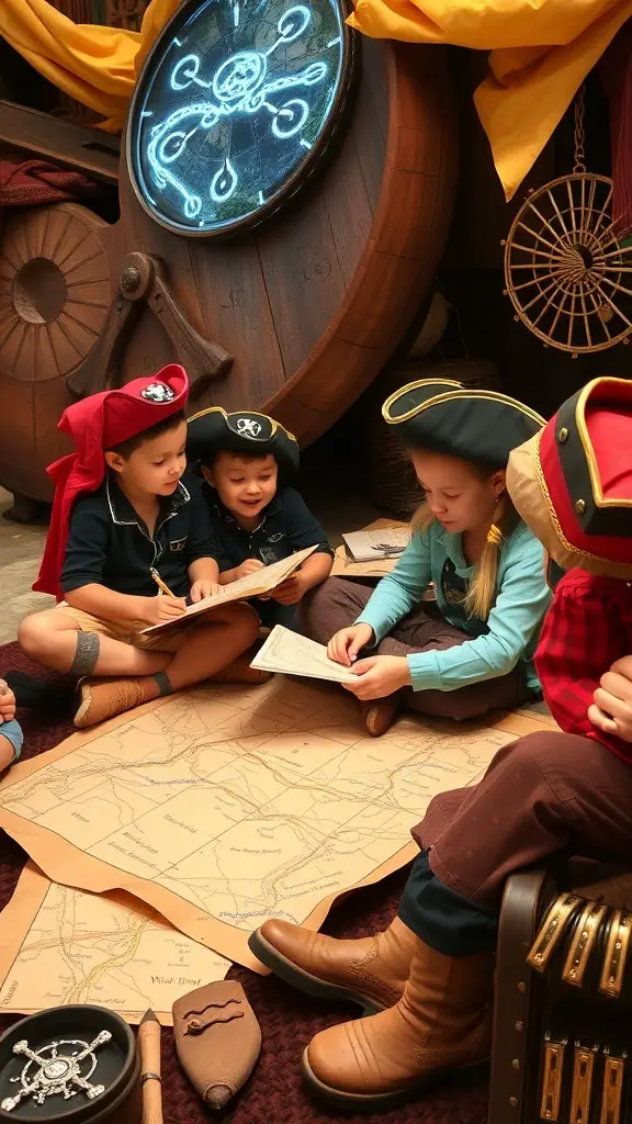 Children dressed as pirates gathered around a treasure map, planning a treasure hunt.