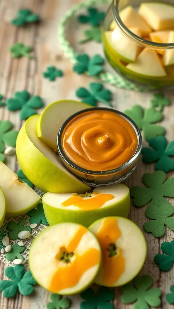 Green apple slices with caramel dip on a wooden surface with shamrock decorations
