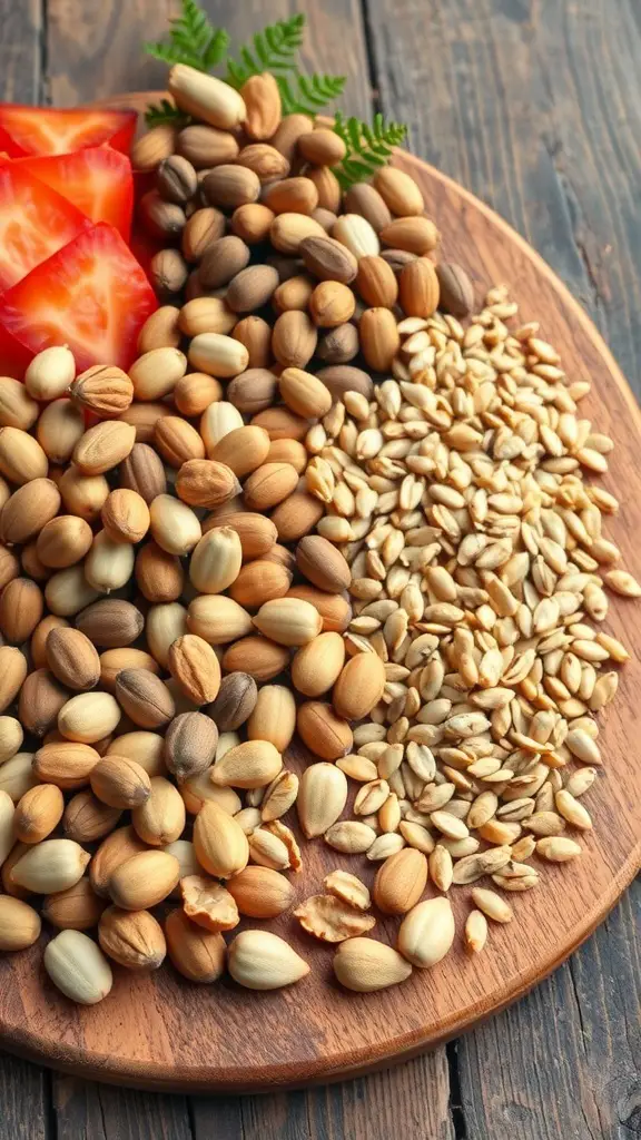 A wooden platter filled with various nuts, seeds, and sliced tomatoes, showcasing a colorful and crunchy arrangement.