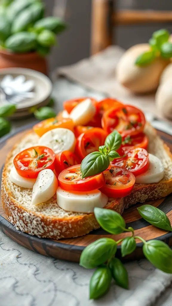 A slice of Irish soda bread topped with mozzarella, tomatoes, and basil on a wooden platter.