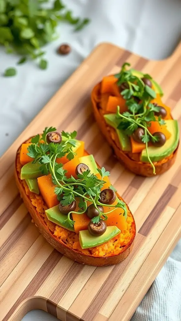Sweet potato and avocado toasts topped with green peppers, olives, and herbs on a wooden board.