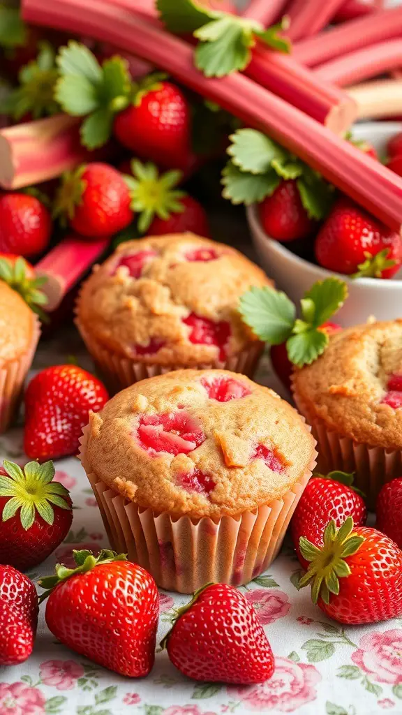 Strawberry rhubarb muffins surrounded by fresh strawberries and rhubarb stalks