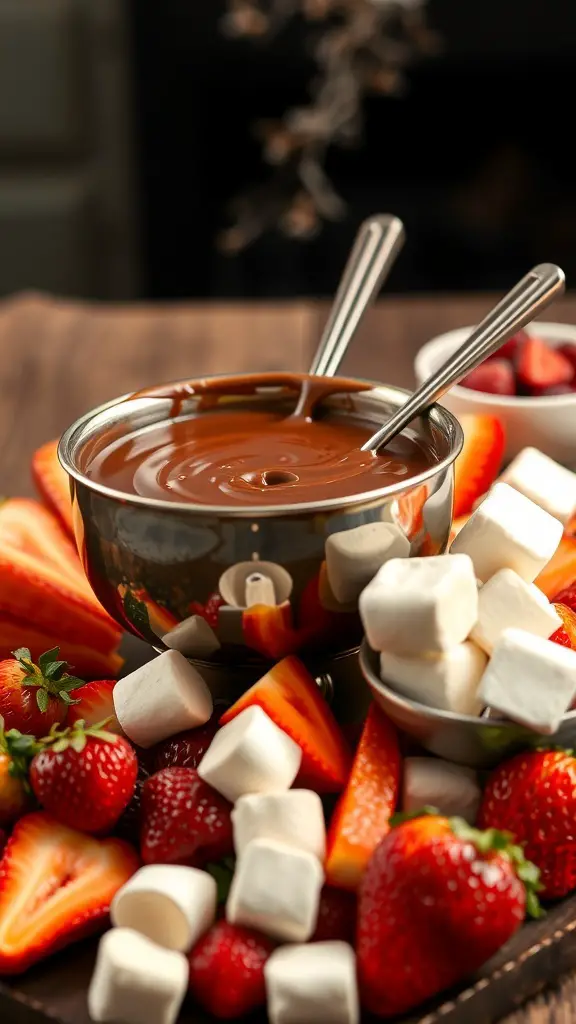 A bowl of melted chocolate surrounded by fresh strawberries, orange slices, and marshmallows for fondue.