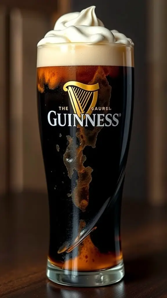 A glass of Guinness beer topped with vanilla ice cream, showcasing a rich dark color and creamy texture.