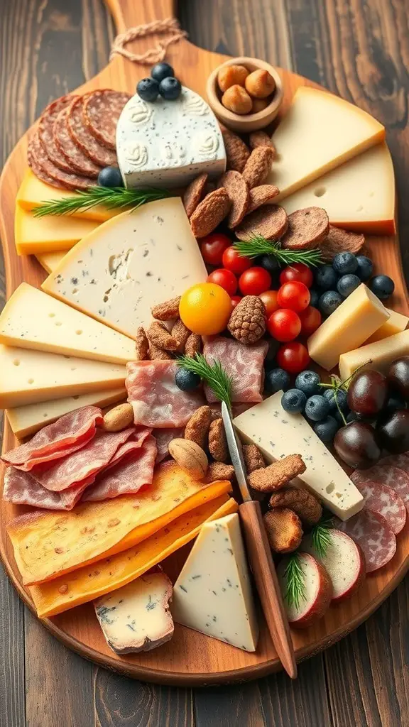 A beautifully arranged cheese and meat platter with various cheeses, cured meats, nuts, and fresh fruits.