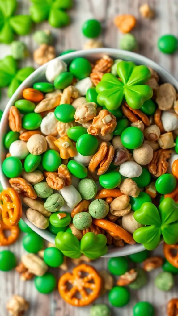 A colorful bowl of St. Patrick's Day trail mix with green and orange candies, nuts, and pretzels.