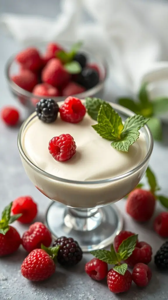 Vanilla bean heart mousse topped with fresh berries and mint