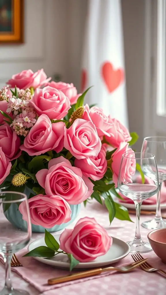 A beautiful arrangement of pink roses in a vase, set on a dinner table with elegant glassware and plates.