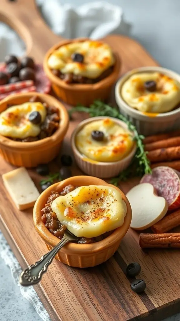 Mini Shepherd's Pie Cups on a wooden board with various charcuterie items.