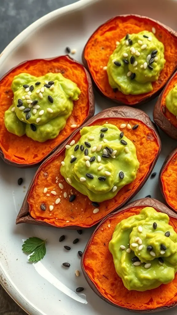 Sweet potato rounds topped with avocado and sesame seeds on a plate