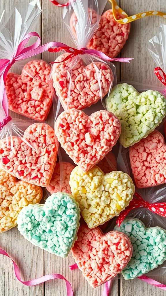 Colorful heart-shaped Rice Krispie treats in clear bags with ribbons