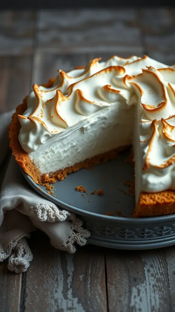 A slice of coconut cream pie with toasted meringue on a decorative plate.