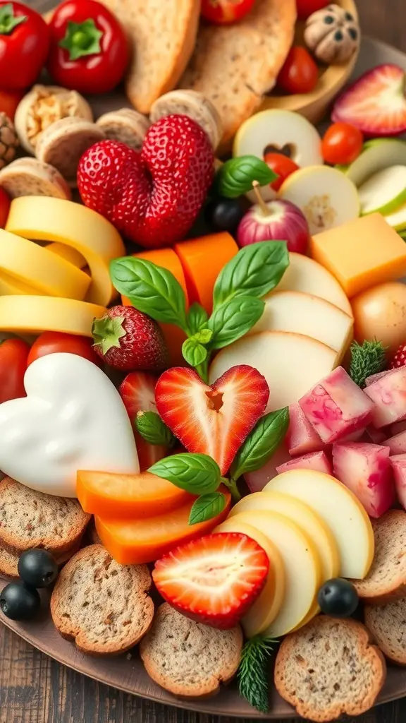 A colorful charcuterie board featuring heart-shaped garnishes, including strawberries, cheese, and herbs.