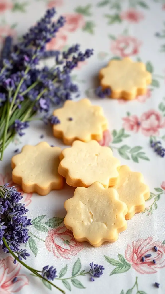 Lavender Honey Shortbread cookies with fresh lavender sprigs on a floral tablecloth.