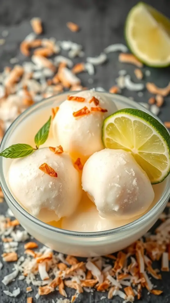 A bowl of vanilla coconut sorbet topped with toasted coconut flakes, lime slices, and mint leaves.