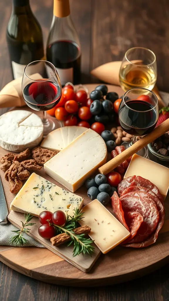 A beautifully arranged wine pairing grazing board featuring various cheeses, meats, fruits, and wine glasses.