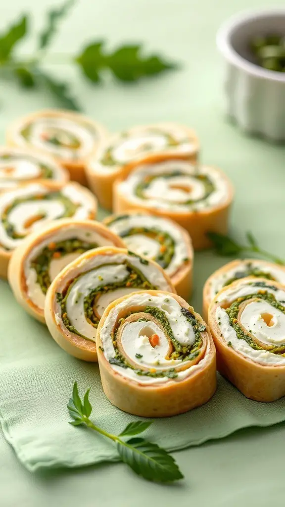 Pesto and cream cheese pinwheels arranged on a green tablecloth