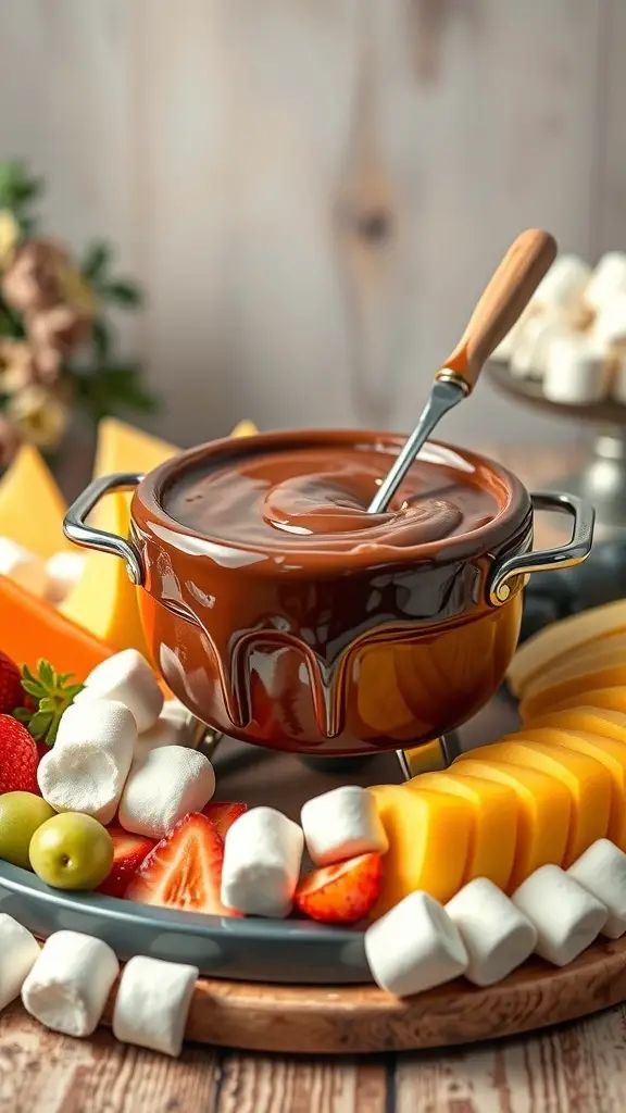 A pot of chocolate fondue surrounded by fresh fruits and marshmallows.